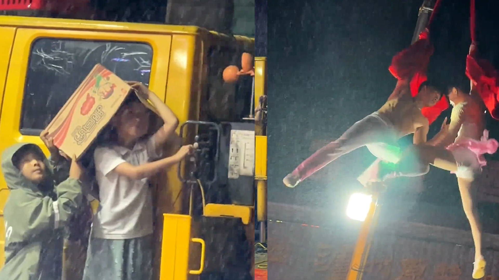 Heavy rain doesn’t deter Chinese boy, 6, operating crane for acrobat parents